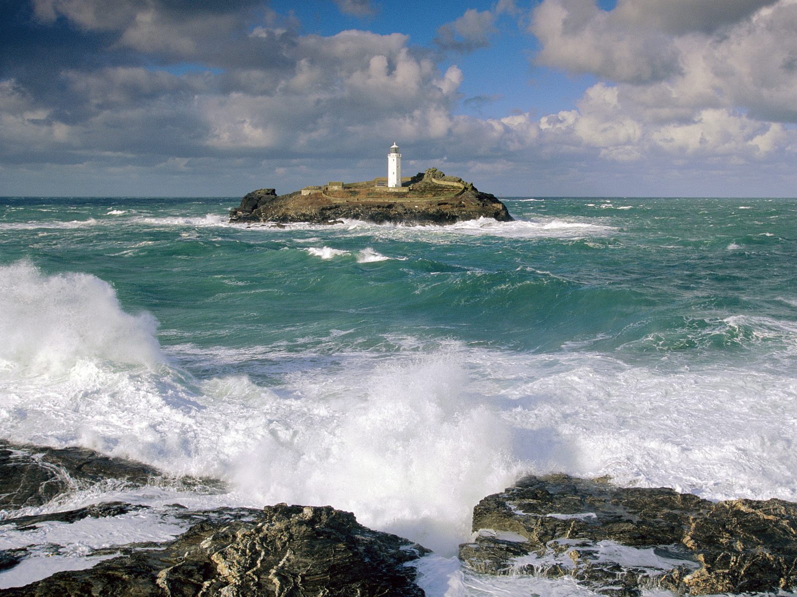 Godrevy Lighthouse and Rough Seas Cornwall England