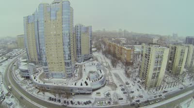 samara cityscape with traffic near residential complex rook at winter day