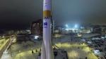 samara monument of souz rocket on square in city with traffic at winter